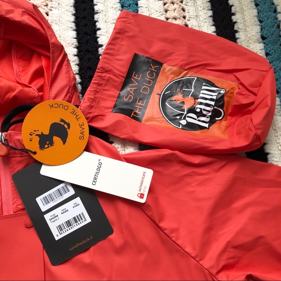 SAVE THE DUCK Snap Button Orange Rain Coat w/ hood - Picture 5 of 8
